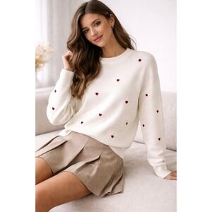 Commense Cream Cotton Blend Heart Embroidered Oversized Crewneck Sweater Cozy S